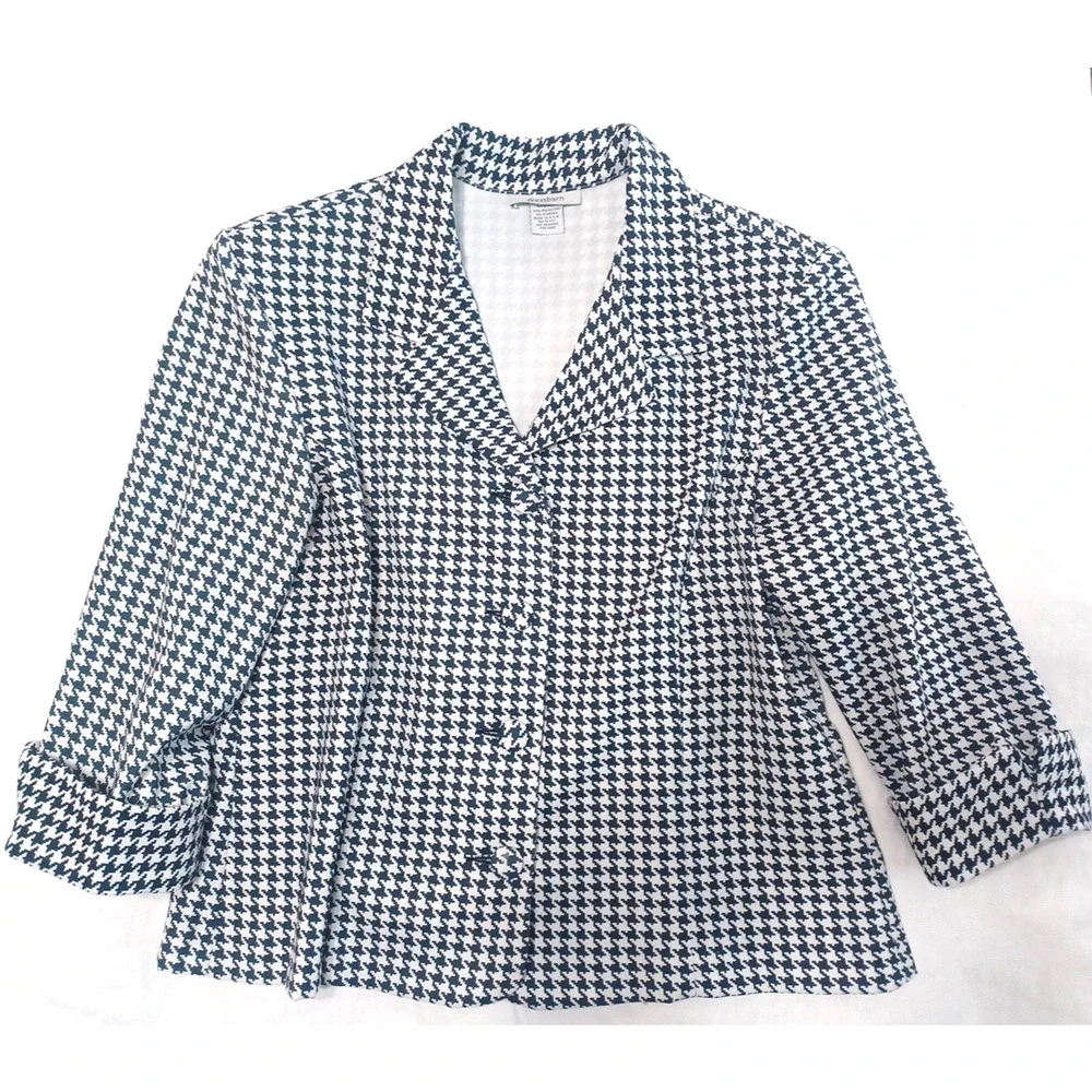 Dressbarn VTG Women's Blk Wht Houndstooth Check Blazer Sz L 3/4 Sleeve USA*READ